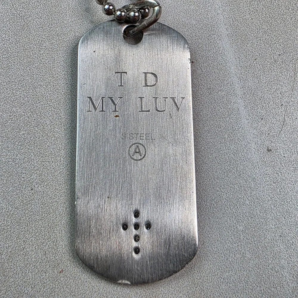 Stainless‎ Steel Dog Tag Necklace Cross Embossed TD MY LUV Engraved Ball Chain